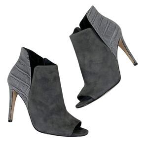 Sigerson Morrison Heeled Booties Womens 8.5 Gray Suede Croc Embossed Peep Toe